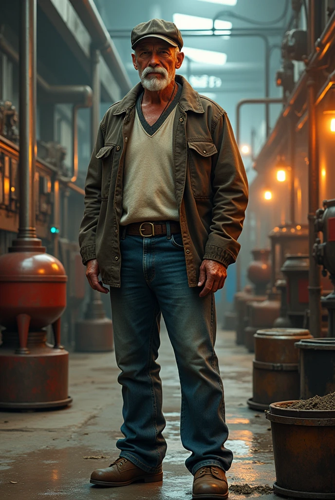 old man, macular, good looking, wearing dirty white Henley, brown cotton waist coat, dark brown jacket, blue jeans, leather shoes, worker style, white mustache, working hat, standing inside glass factory
