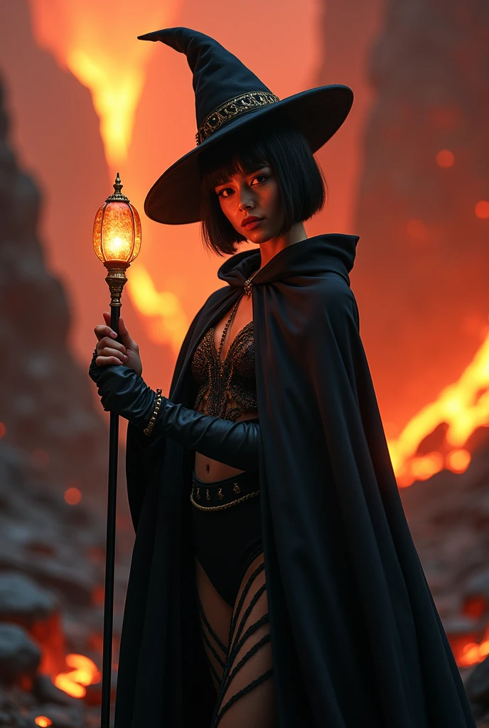 full body display、Magician Woman、18-year-old、a black and compact hat、wearing a hat tilted to the side、wearing a black and short cloak、Black bodysuit、More exposed skin、Beautiful Face、Black Bob Hair、He is chanting a spell with a serious face.、The body is facing forward、holding a staff with a jewel shining at the tip、The cane is held in front、The background is a volcanic area、