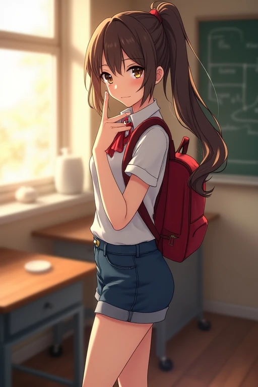 ((best quality)), ((masterpiece)), (detailed), {{}},{{{{192cm}}}},{{{{{tall girl}}}}},{{{{{very long legs}}}}}, anime girl, cute girl, school uniform,
official style,close mouth,game cg, bare arms, long hair,brown eyes,brown hair,ponytail,medium breasts, navel,backpack,red randoseru,classroom,denim shorts,upper body,finger to mouth,best quality, amazing quality, very aesthetic, absurdres,dynamic pose,wind,Dutch angle,light on face,watercolor,{{{real CG photography texture}}},oily skin,real body,realistic skin texture,detailed background,depth of field,[[laughing eyes],[[Dutch angle]],looking at viewer,jitome,[[upper body]],winter,lens flare,steam,bokeh, best quality, amazing quality, very aesthetic, absurdres, best quality, amazing quality, very aesthetic, absurdres, best quality, amazing quality, very aesthetic, absurdres