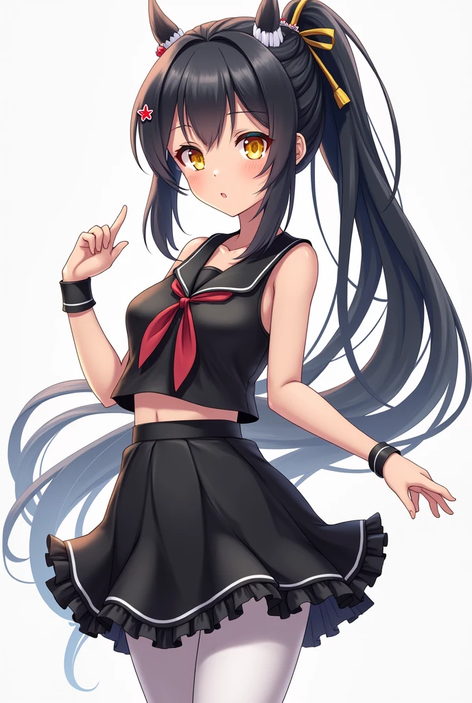 Anime girl, tan skin, yellow eyes, long black hair, white highlights, nerdy girl, gamer, full body, white leggings, frilly black skirt, hair accessories, pony tail