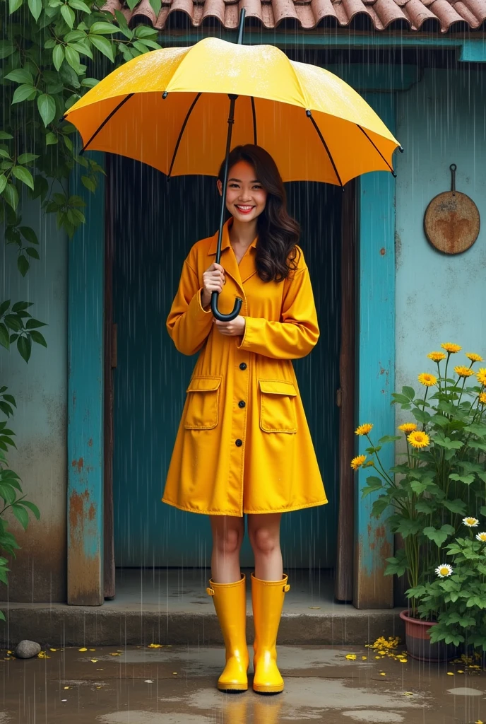 The lady is dressed in a bright yellow raincoat and boots, standing under a large umbrella at the entrance of a rustic village house, smiling as the monsoon rains pour down around her in the early afternoon.