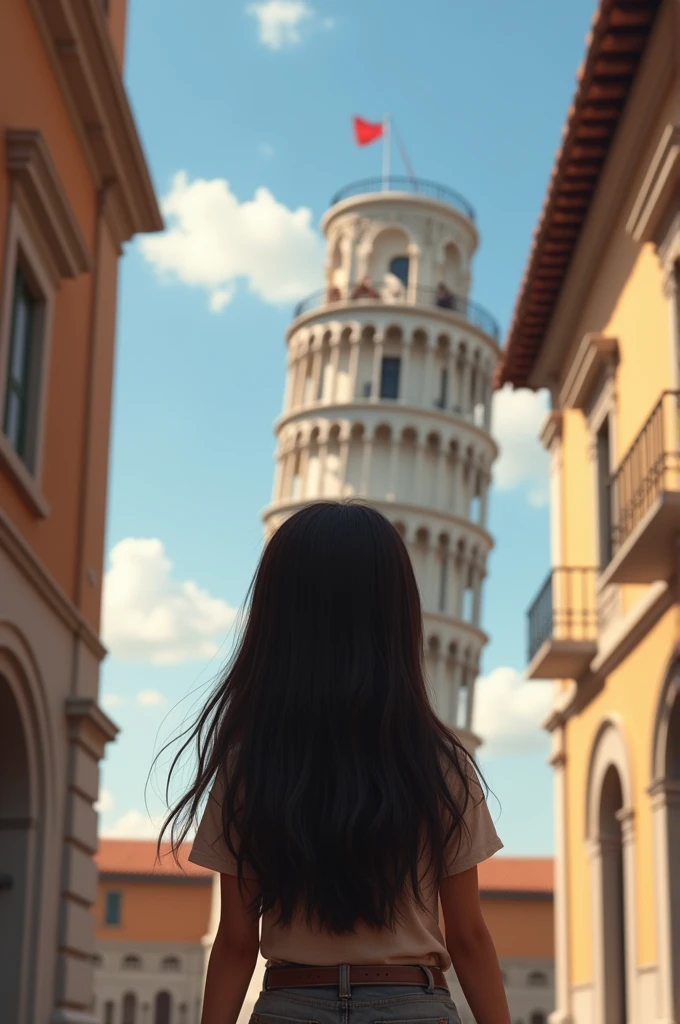a 13 year old girl with long dark hair and a big nose, brown skin, from the back visiting the Leaning Tower of Pisa