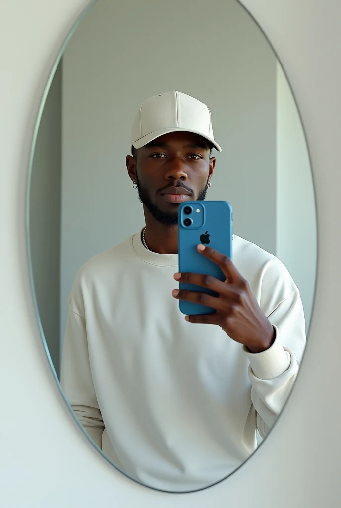 best qualityer:1.4), (ultra high resolution:1.2), (photorrealistic:1.4), (8k, CRU photo:1.2), a thin young man of 20 years old, skin black, with a smooth, beardless face, is wearing a white cap, He's wearing a white sweatshirt. He&#39;s taking a picture in the mirror. He has an iPhone with a blue case