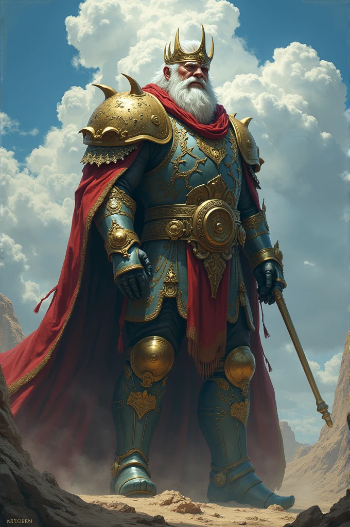 make image of ultimate boss from square enix in fantasy world, style by artgerm, sky blue and white with thunders, caos background, this boss is the king of Namibia