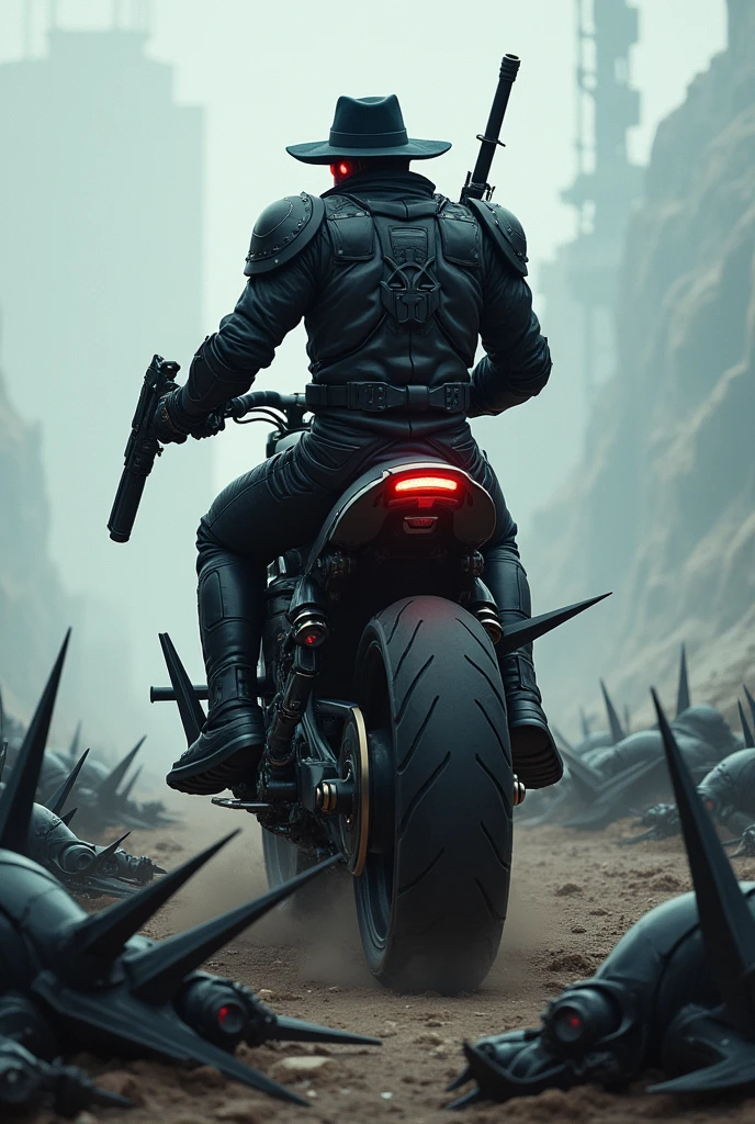 A mechanical gunman on a black, spiky bike(Cyborg) Hat pulled down low The left eye is red、The right one glows blue Turning his back, he aims a gun at us A sea of cyborg corpses around him