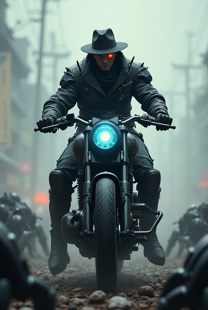 A mechanical gunman on a black, spiky bike（Cyborg）　Hat pulled down low　The left eye is red、The right one glows blue　Turning his back, he aims a gun at us　A sea of cyborg corpses around him　