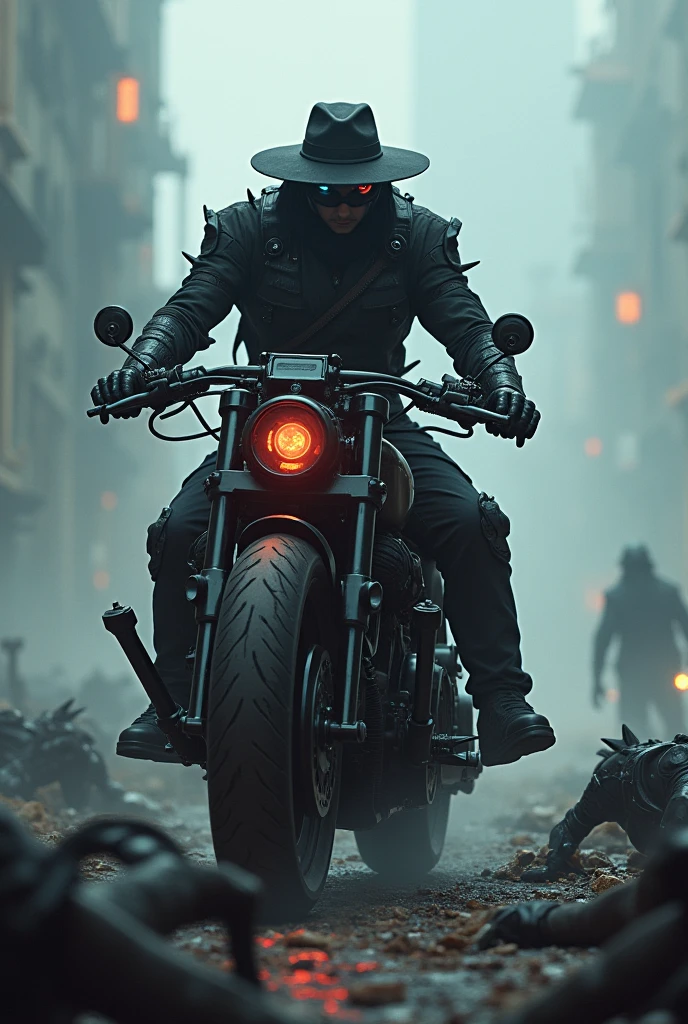 A mechanical gunman on a black, spiky bike（Cyborg）　Hat pulled down low　The left eye is red、The right one glows blue　Turning his back, he aims a gun at us　A sea of cyborg corpses around him　