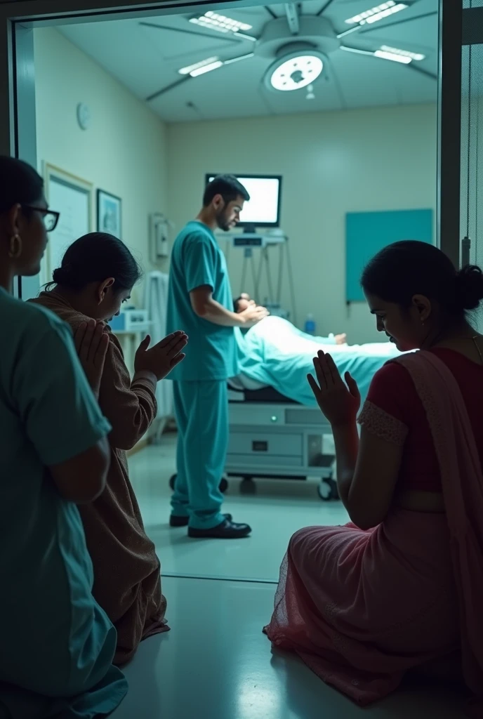 Indian Patient relatives are crying at the operation theatre outside, they are praying to the indian male doctor, his age is 30 years.
