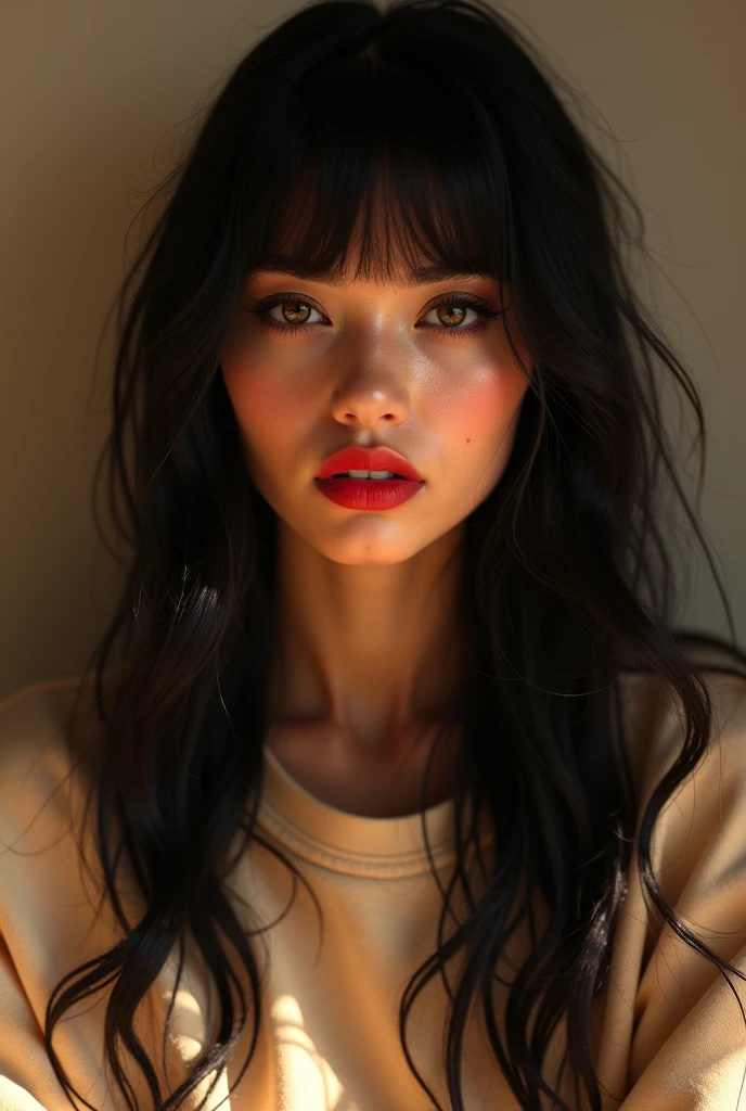 Her skin is pale and reflects warm light. Her hair is black and straight, its brilliance and richness immediately apparent when it reflects the light. Her bangs are smoldering. She is relaxed in a large sweatshirt dress. Her eyes are painted black with mascara and her lips are an attractive red. Her face is round and chubby, with an upturned nose, large eyes, a thin chin, and chubby cheeks.