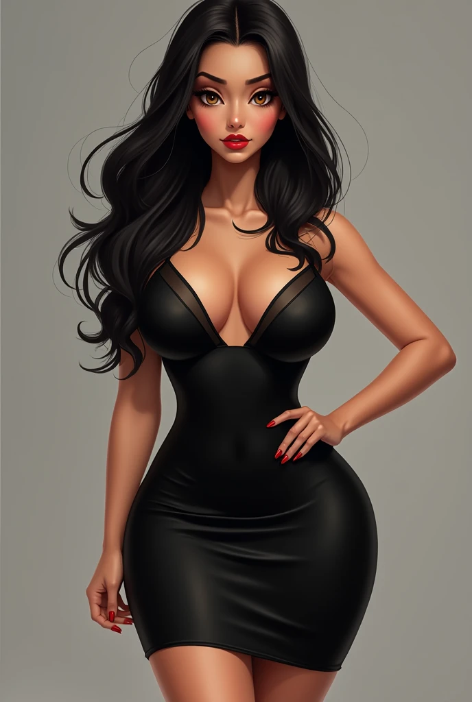 A tall young woman. long black silky straight hair, waist length hair.
 
big hazel eyes doe shaped, with long eyelashes,  bow shaped juicy Red lips,  little thin nose with high nose bridge. 

 Thick voluptuous curvy hourglass body. Enormous breasts, wide hips, massive thick thighs, Huge round ass, small curvy waist.

Fair milky, smooth, porcelain skin.

Wearing black sexy mini bodycon dress.
Full head to toe image 