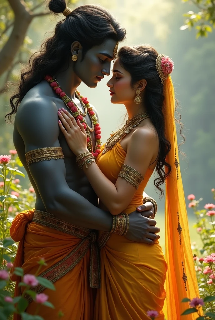 Radha is lord krishna men ,radha stand on krishnas thais
pose . Hug pose , side by side
Long shot make it different posess
,both clear faces back colur