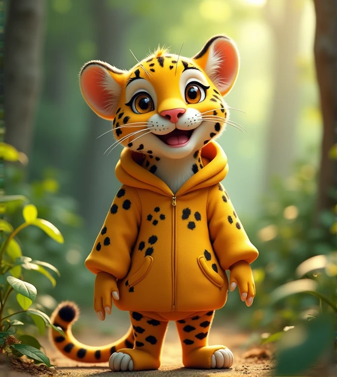 Imagine a lifelike little leopard with humorous exaggerated features, oversized, wearing cute clothes, bright eyes and curiosity, smiling, positive image, smiling leopard, Disney style, capturing natural textures, and although its little claws are slightly larger, they are cuter. The background is a simple forest with an emphasis on natural colors and some greenery, creating bright, fuzzy colors