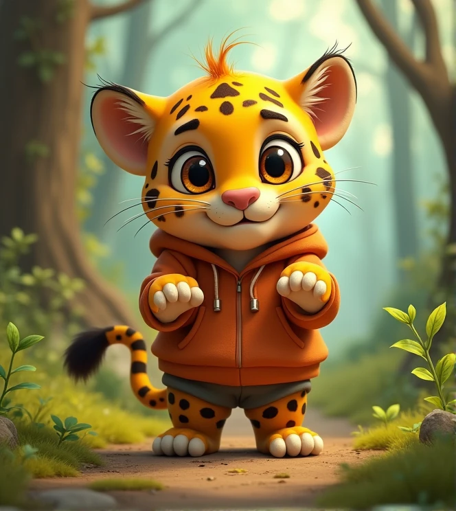 Imagine a lifelike little leopard with humorous exaggerated features, oversized, wearing cute clothes, bright eyes and curiosity, smiling, positive image, smiling leopard, Disney style, capturing natural textures, and although its little claws are slightly larger, they are cuter. The background is a simple forest with an emphasis on natural colors and some greenery, creating bright, fuzzy colors