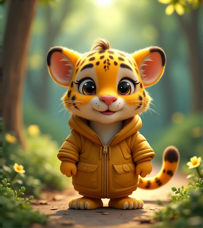 Imagine a lifelike little leopard with humorous exaggerated features, oversized, wearing cute clothes, bright eyes and curiosity, smiling, positive image, smiling leopard, Disney style, capturing natural textures, and although its little claws are slightly larger, they are cuter. The background is a simple forest with an emphasis on natural colors and some greenery, creating bright, fuzzy colors