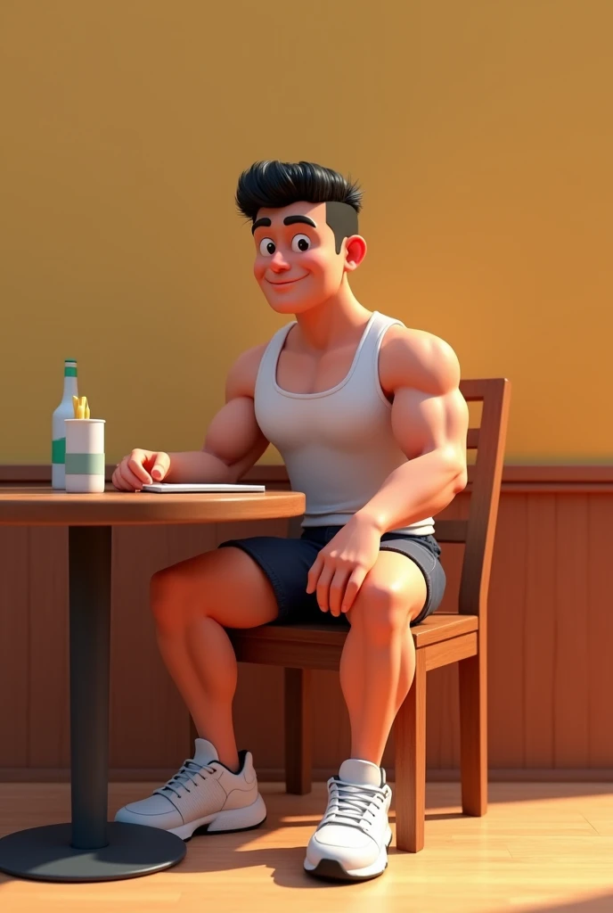4D Indonesian cartoon with short hair,muscular body wearing a singlet and sneakers,sit on the chair,samping meja,wall background,
Bk Datail Focus
