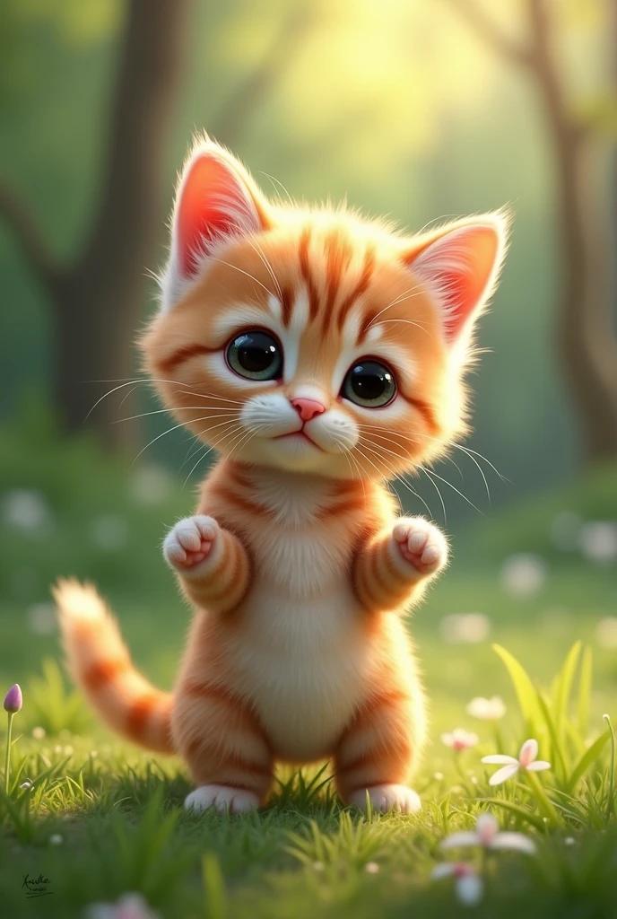 Small American shorthair kitten standing facing forward with front paws raised。
Big eyes with a cute, human-like expression。Slightly larger head than body。limbs are short。A fluffy, large tail。
One-piece attire。Glossy texture。
The background is a park。