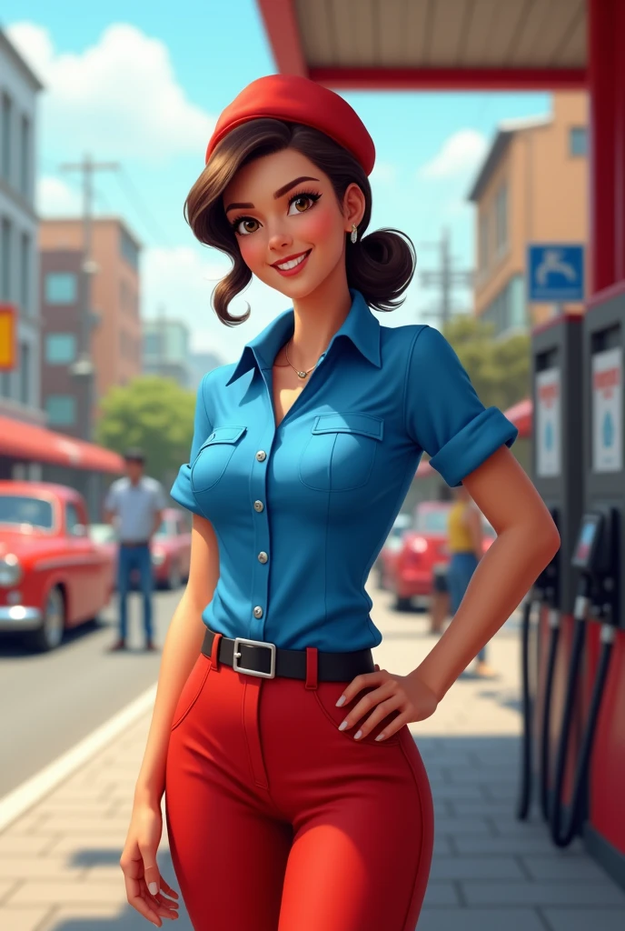  of a gas station wearing blue and red as his uniform
