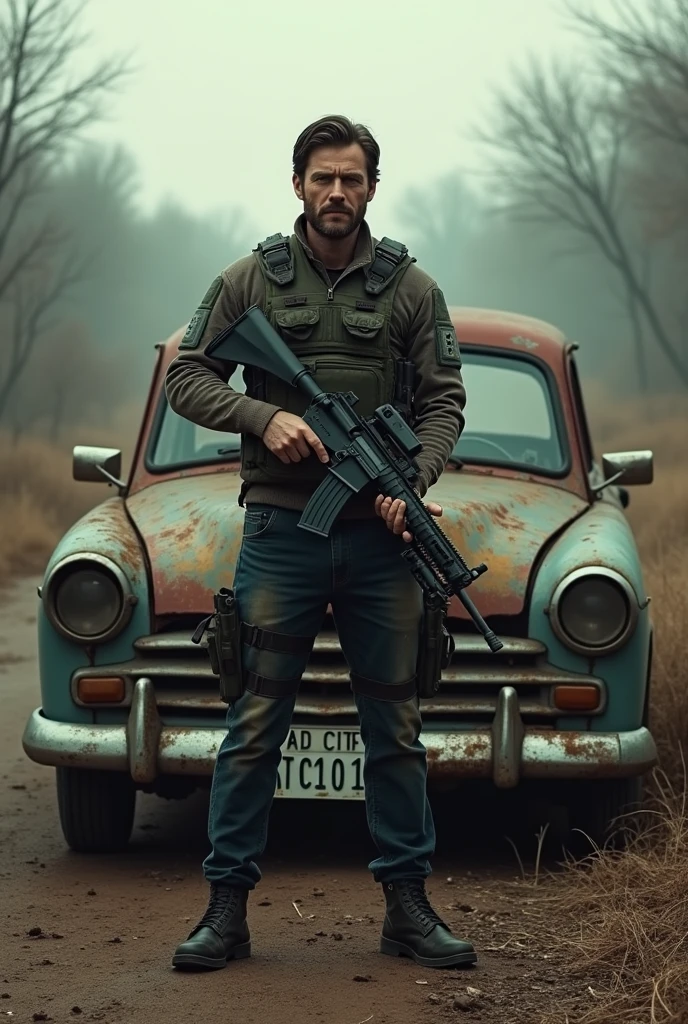 A men standing in front of a old car. Toxic 01 is written on number plate and this should be clearly visible.The men is wearing a bulletproof vest and he have a m416 gun in his hand . They all are situated in infected area. Photo quality should be high