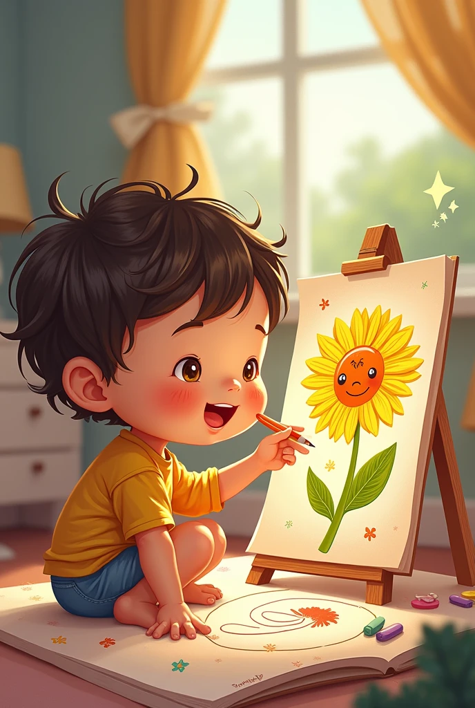 a child drawing a flower, and in the flower with a smile for the cover of a magazine