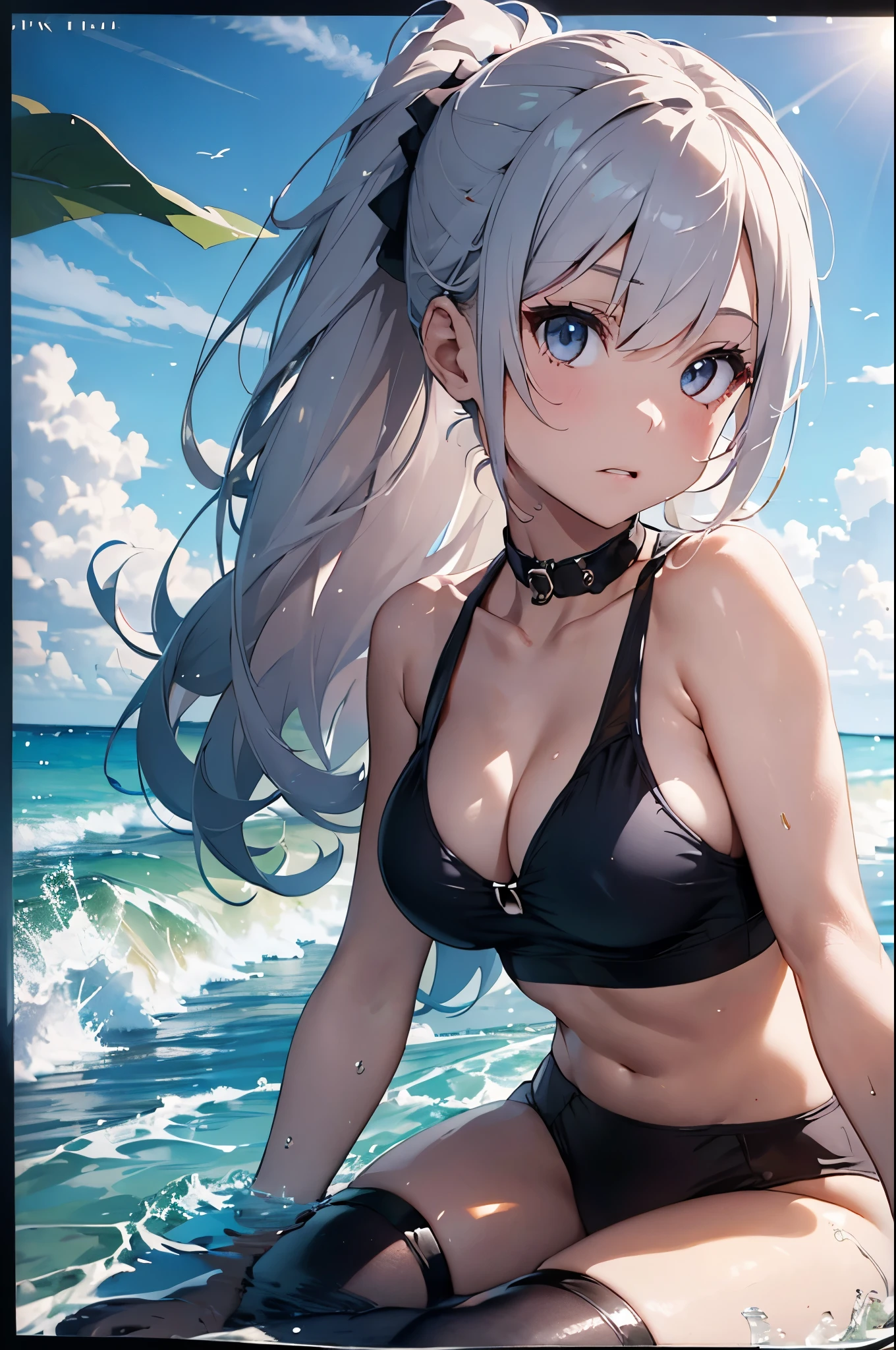 4K,8k,High resolution,
One beautiful young woman,Silver Hair、ponytail、
(Soft Saturation:1.3), (Fair skin:1.2),
(ultra-Detailed Background, Detailed Background), Bokeh,
break&#39;Smiling portrait.,
When viewed from the front, The composition is symmetrical,
Looking straight at you with serious eyes,
break Swimwear, Colorful Bikinis, Center of chest, 
Outdoor, Sea surface, null, sunlight,Summer beach, Sandy Beach,
Strong light, Front lighting, 
(:1.3), (Cowboy Shot:1.2),
Front brake angle,
View your viewers,
Dynamic pose,
sitting on the beach

Seaweed、Seaweed、Seaweed、Seaweed、Seaweed、Seaweed、Seaweed、