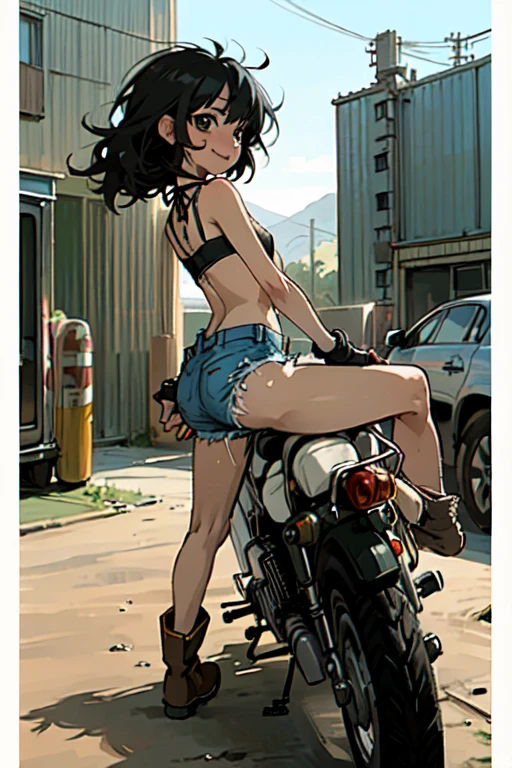 masterpiece, (masterpiece, Highest quality, Highest quality),A small young girl， alone，Very short stature，Flat Chest，Thin limbs，smile，View your audience, Motorcycle with modified background，boots，Gas station in the desert, Thin lips, From behind, ((Woman from Texas)) Long Curly Hair, Fingerless gloves, (Bikini top and jean shorts), sitting on bike, (From behind), (Live Action, Intricate details, Written boundary depth), Very detailed, Semi-realistic, , short hair, (goggles)，whole body,