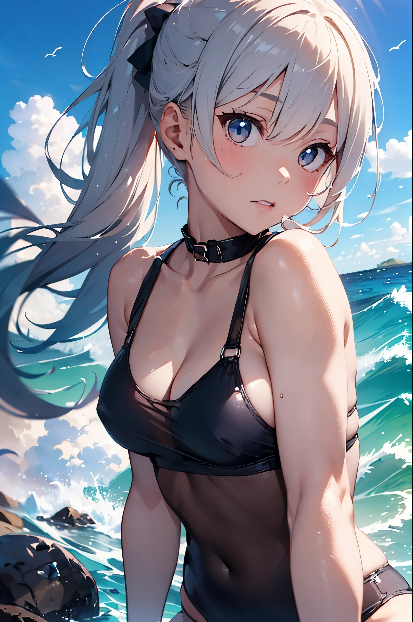 4K,8k,High resolution,
One beautiful young woman,Silver Hair、ponytail、
(Soft Saturation:1.3), (Fair skin:1.2),
(ultra-Detailed Background, Detailed Background), Bokeh,
break&#39;Smiling portrait.,
When viewed from the front, The composition is symmetrical,
Looking straight at you with serious eyes,
break Swimwear, Colorful Bikinis, Center of chest, 
Outdoor, Sea surface, null, sunlight,Summer beach, Sandy Beach,
Strong light, Front lighting, 
(Teen:1.3), (Cowboy Shot:1.2),
Front brake angle,
View your viewers,
Dynamic pose,
sitting on the beach

Seaweed、Seaweed、Seaweed、Seaweed、Seaweed、Seaweed、Seaweed、