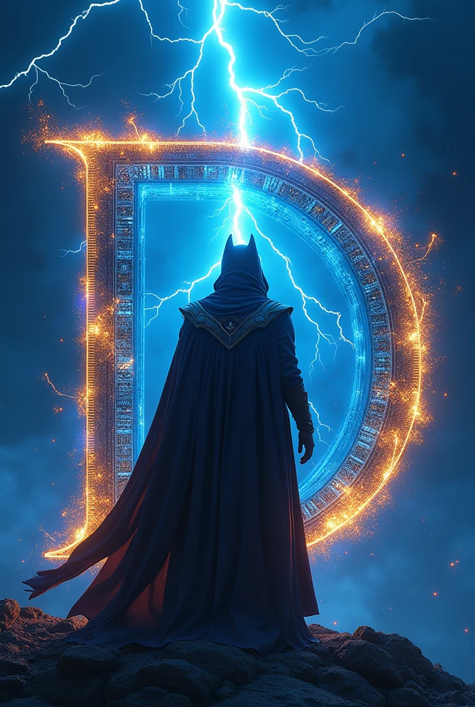 Cryptocurrency With the letter D and lightning in the middle in blue and gold colors Add the name dex Raiden to the image Add a large lightning bolt and a man in a cape