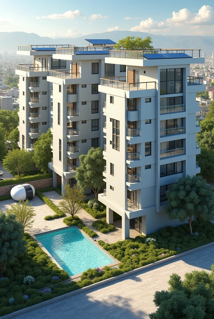 Create 5 concrete apartment house with solar panel, generator and big drum to save rain water
Know