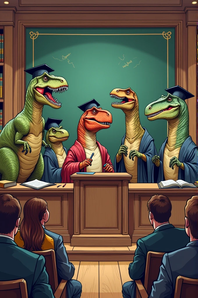 Create a comic about dinosaurs speaking at university 