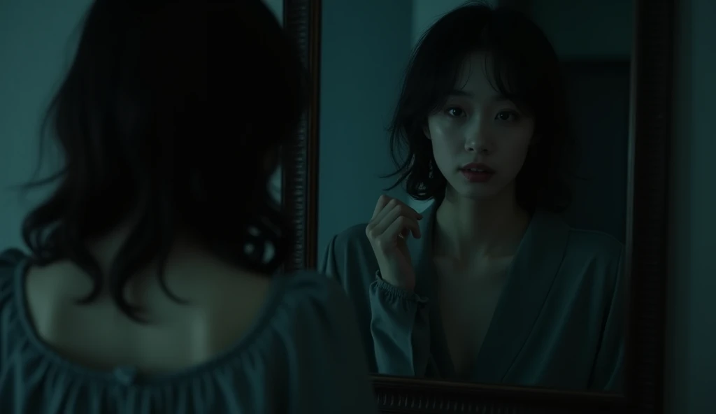 Horror, dark atmosphere, intricate details, cinematic structure, dramatic shadows, mysterious, eerie, otherworldly, subdued color palette, chiaroscuro lighting, ultra-definition, masterpiece, highest quality, 8k,  A dim background, a close-up of the mirror, and the mirror is dimly lit. In the mirror, a Japanese woman in her 20s smiled eerily -- that smile was not human,