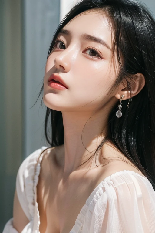 (22 year old Japanese beautiful girl,), (Small perfect breasts,:1.5,),(solo,Textured skin, Detailed skin,Detailed face,Detailed eyes,detailed posing,Natural eyebrows,High detail, Highest quality, Super detailed, Surrealism, ,8k,RAW Photos,Photographicism,Professional Lighting,Ray Tracing,Aperture F1.2,Portrait Photography,Natural Light),(((Black Hair, Natural Makeup,Simple earrings,Side Up, Chaoyang,A refreshing morning,OL Blouse,station)))