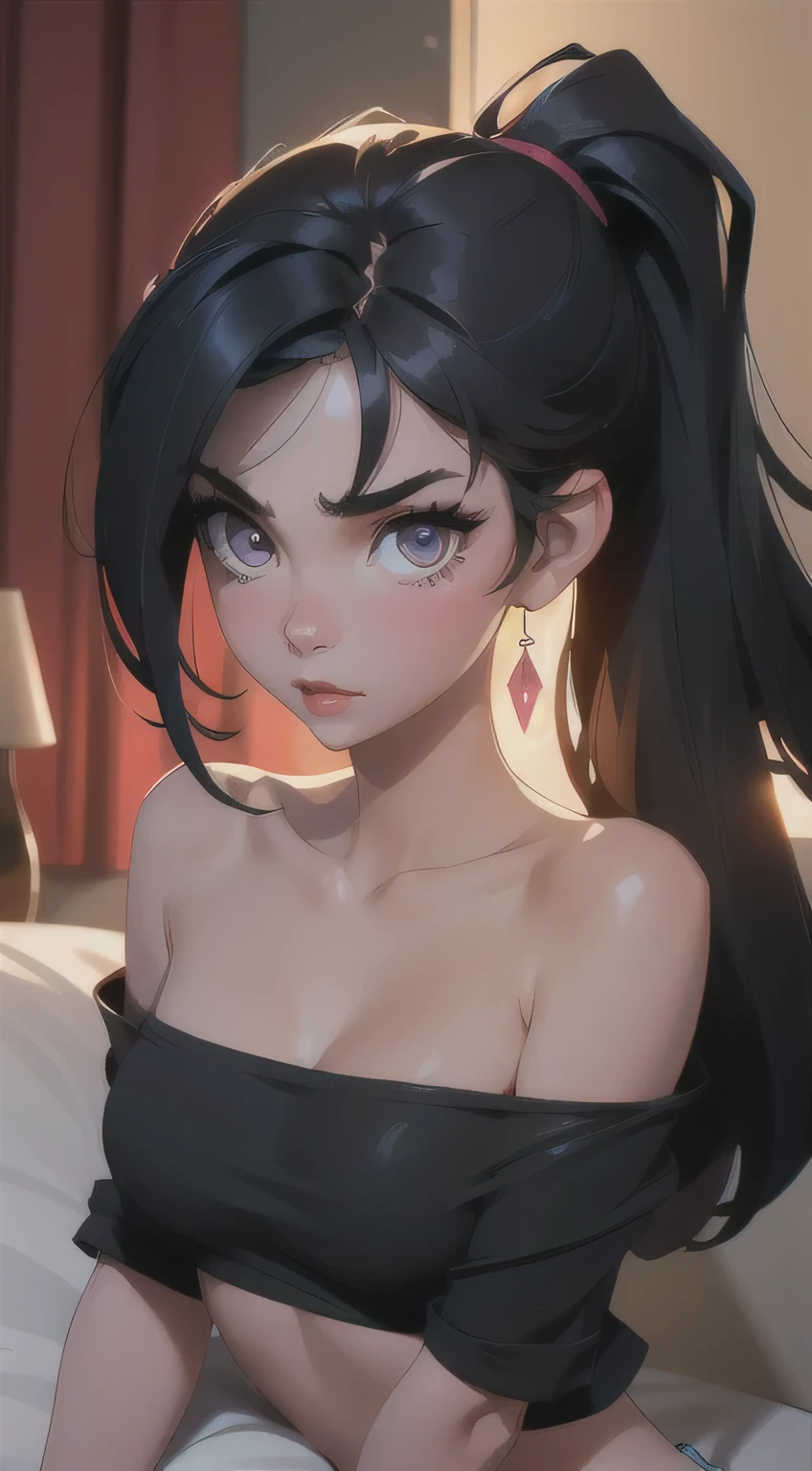 Amazing portrait of a close up shot of a cute and sexy girl with her black hair in two medium ponytails and her sexy eyes making intense eye contact during night time with soft lighting highlighting her small nose and red lips as she has an orgasmic face wearing a kid dark pink t shirt showcasing her neck and collarbone and her bare shoulder as she lays in bed in her dark bedroom with one lamp