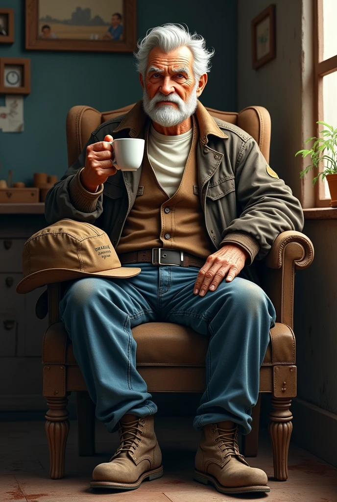old man, macular, good looking, wearing dirty white Henley, brown cotton waist coat, dark brown jacket, blue jeans, leather shoes, worker style, white mustache, working hat, seating on chair and having coffee