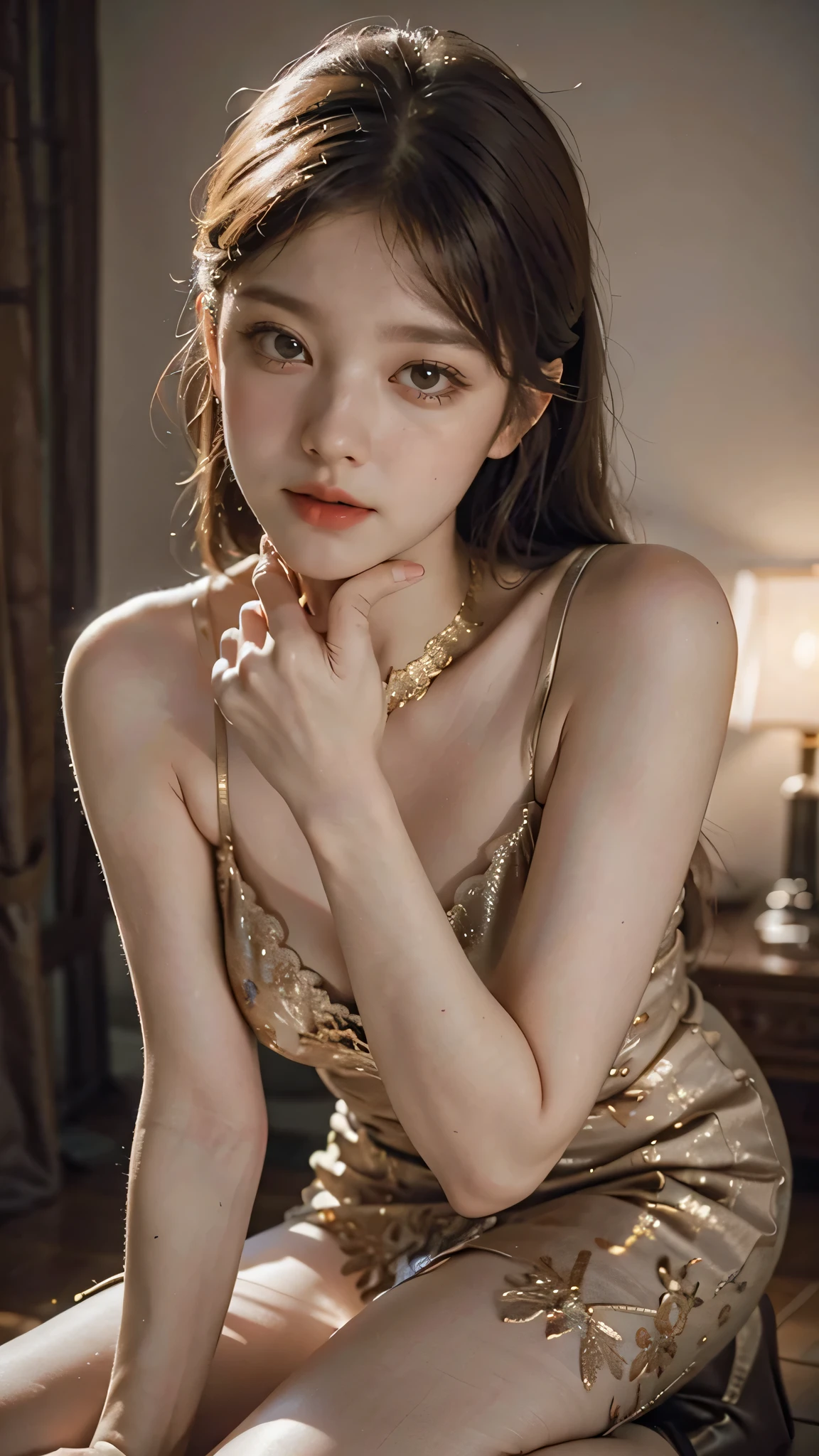 ((Masterpiece, Highest quality)), Detailed face, ,, Full of details, Multiple poses and expressions, Highly detailed, Depth, ,beauty girl,cinematic lighting,with light glowing,Red and gold,Phoenix decoration,light yarn,Lace,lace panty hose,high-heels, upper body only, close focus