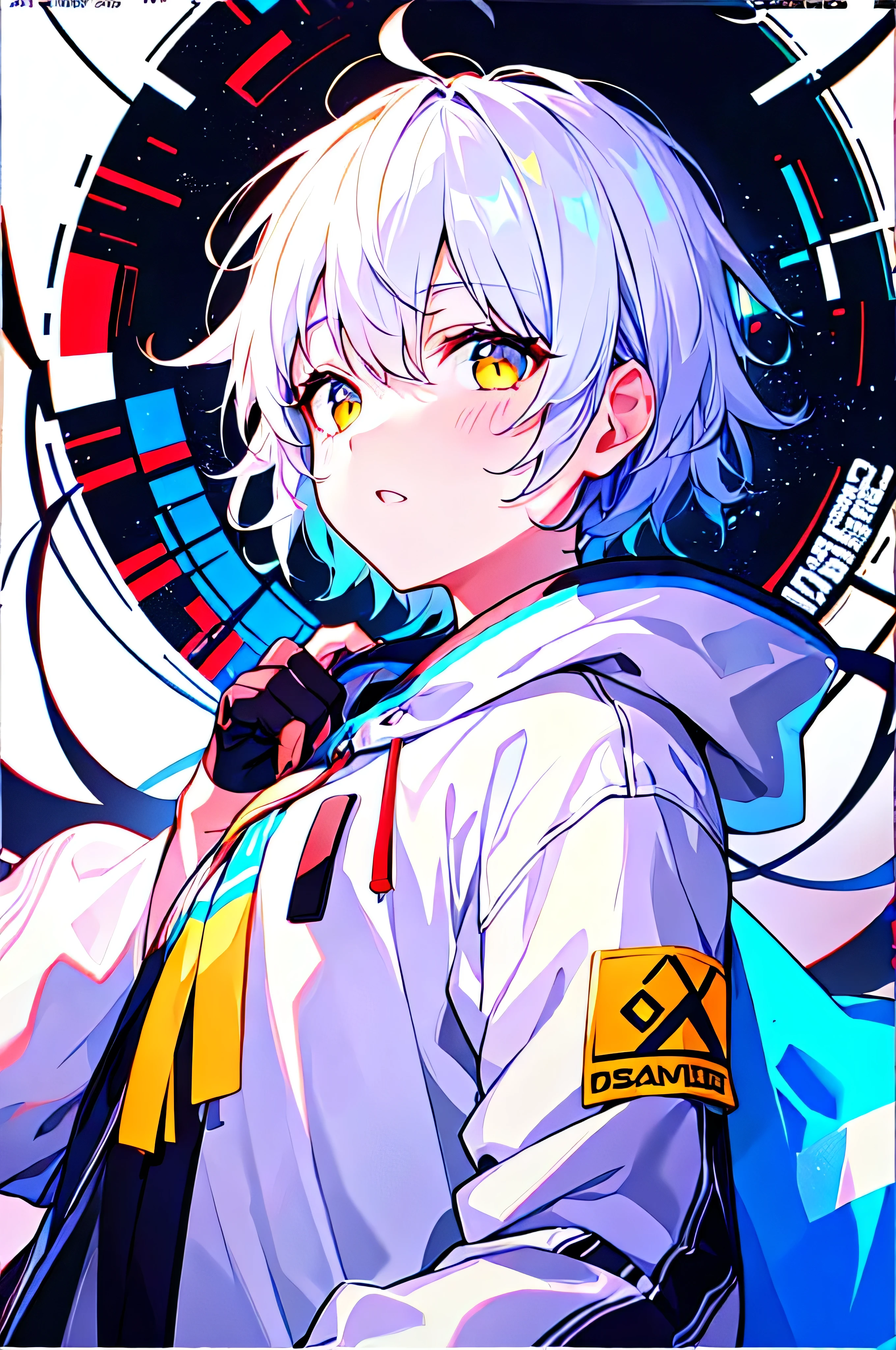 [(WHITE BACKGROUND:1.5),::5], (((masterpiece))), high quality, ultra_very_high_resolution, large_filesize, upper body, (white base), full color, ((solo)), ((little boy)), ((white short hair)), yellow eyes, anime, neon light, white parka,