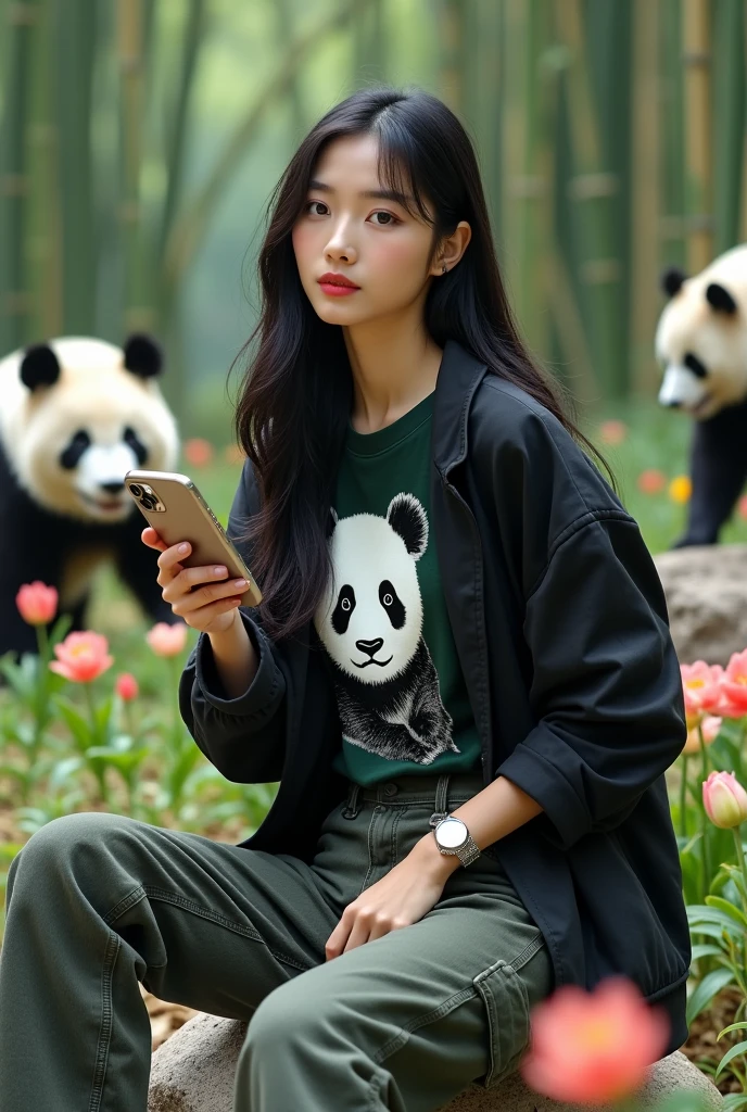 Beautiful Korean girl, white skin, well-groomed face, long straight black hair, wearing a black jacket, jeans, dark green highlighter t-shirt, panda print, cargo pants, backpack, wearing a cool watch, sitting on a rock holding an iPhone 14 Promex, there are pandas roaming around, in the background Behind the vast green bamboo trees, tulips and roses bloom, looking authentic, real and realistic in the photo