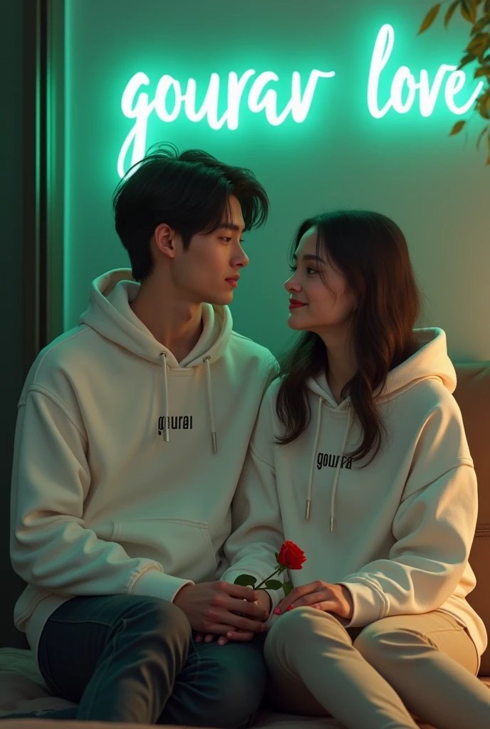 Realistic 24 Year old cute boy White Hoodie with 20 year beautiful girl in a White Hoodie, the girl has a red rose flower in her hand and is sitting on down floor, written "Gourav" in the boy hoodie and "_ _ _ _ _ " in girl's hoodie, and Gourav love _ _ _ _ _ is written on the green light glow wall text behind.
