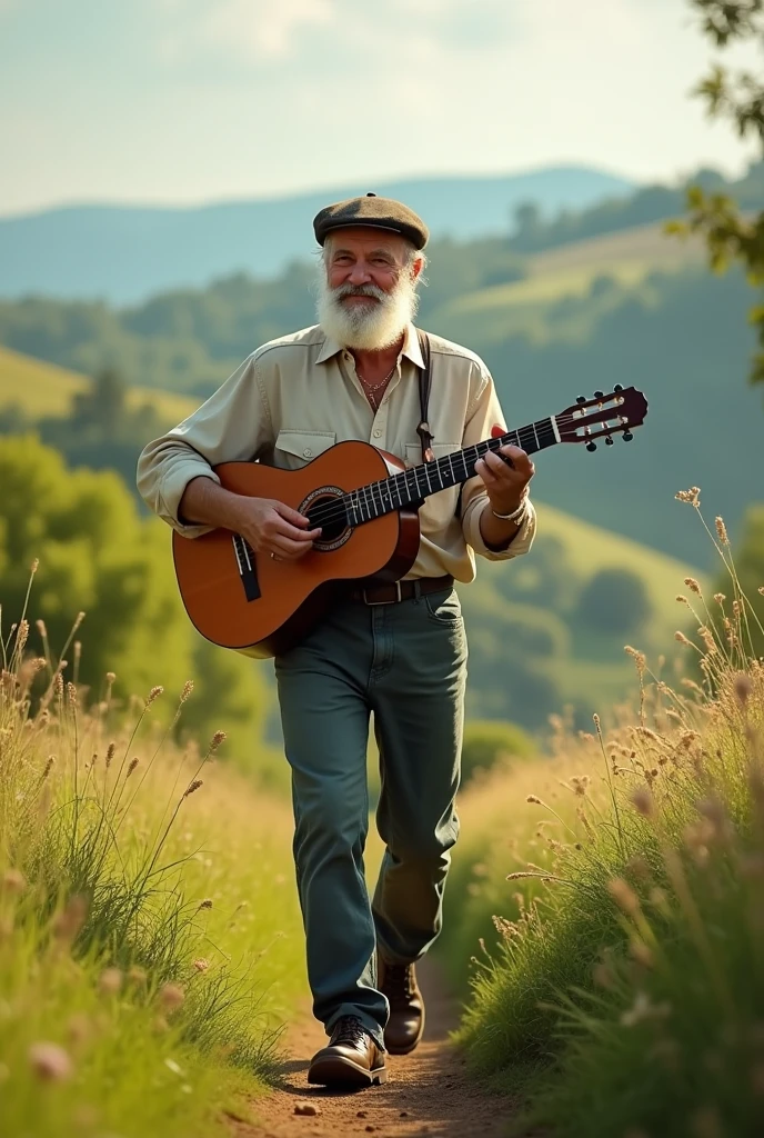 White man in his 60s with gray hair, not so long beard and a beret, with buttoned shirt, medium complexion playing his Creole guitar while walking, in the countryside