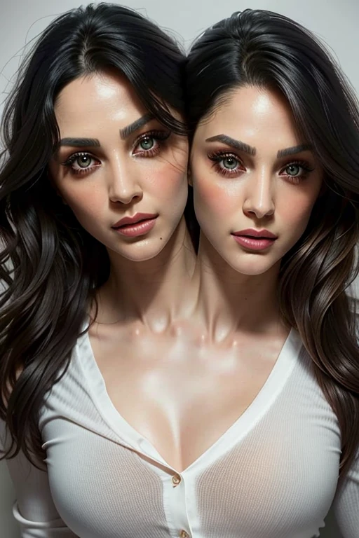 Create a deeply realistic upper body portrait of a woman, ((2heads)), conjoined dicephalus,embracing imperfections in her skin and hair. Zoom in to showcase intricate details. Capture the complexity of her eyes with well-defined irises, conveying depth and emotion. Depict a natural, imperfect texture in her hair, one of them has blonde hair, emphasizing flyaways and individual strands. They are wearing shirt, which is keeping them close. They are side-eyeing each other, facing away from each other.Pay careful attention to the interplay of light and shadow, adding a three-dimensional quality to the portrait. This upper body composition should evoke a sense of genuine beauty in imperfection, striking a balance between realism and artistry,2