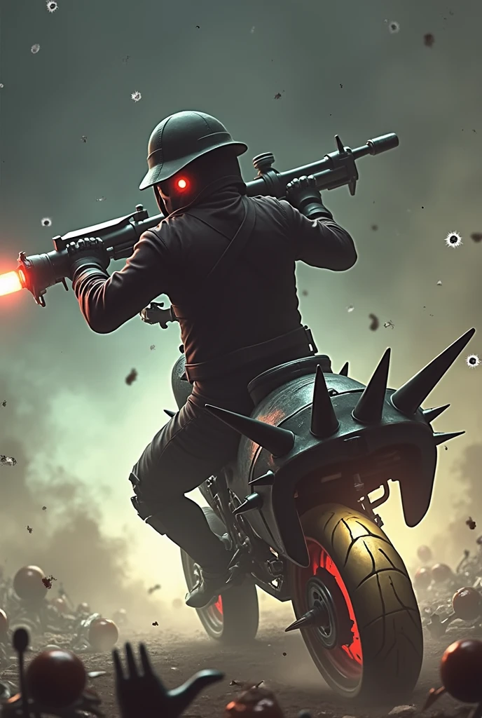 A mechanical gunman on a black, spiky bike(Cyborg)Hat pulled down low The left eye is red、The right one glows blue Turning his back, he aims a gun at us A sea of cyborg corpses around him Bullet holes on the screen