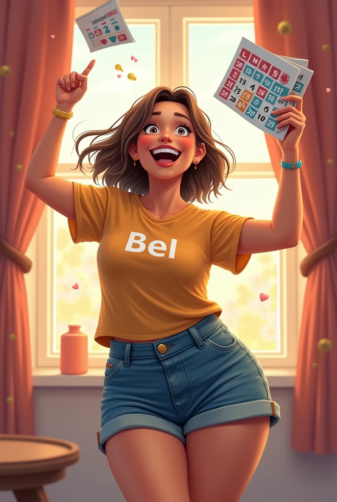 a 32 year old chubby girl wearing t-shirt with name "Bel" and denim short holding a bingo card in her right hand and her left hand is throwing the calendar outside because it's her birthday