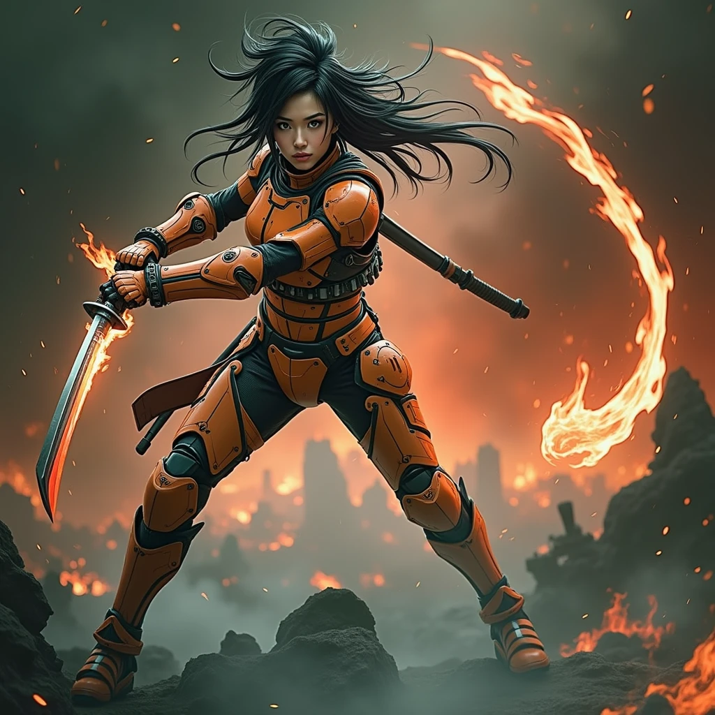 (masterpiece:1.2, Highest quality,Ultra-high resolution,Super detailed),8k,wallpaper,(Armored Core Style),Woman in ninja robot armor,Black Hair,Random Hairstyles,(Fire Ninja),(Orange body),(Detailed face:1.3),(Detailed body:1.3),(Cowboy Shot),(The background is a burning flame and a red battlefield:2.0),He has a sword with flames inside of it.,Detailed hands