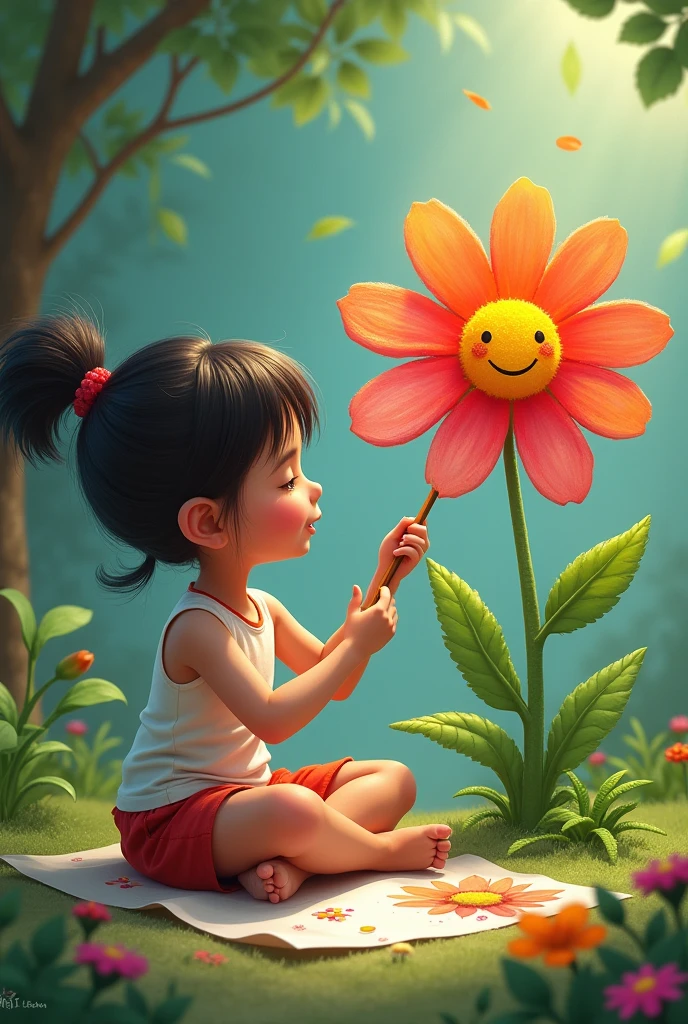 a realistic drawing a flower, and in the flower with a smile for the cover of a magazine