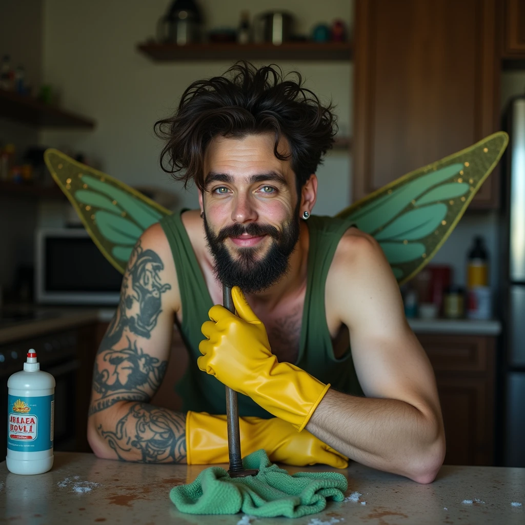 Handsome 33 year old man, brazileiro, tattoo on right arm, ear rings, dark beard, very white skin, short dark brown hair, small straight nose, sunken eyes green color, sexly. Cleaning a bathroom, having fun, dressed as a fairy and wearing cleaning gloves
