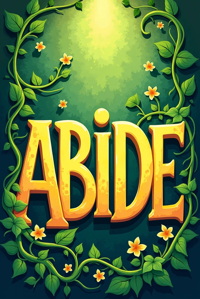 The word is "ABIDE" all capital and have a light yellow font color and the font style is impact, bold. Creat a green vines that wraps every character. make it as an cartoon