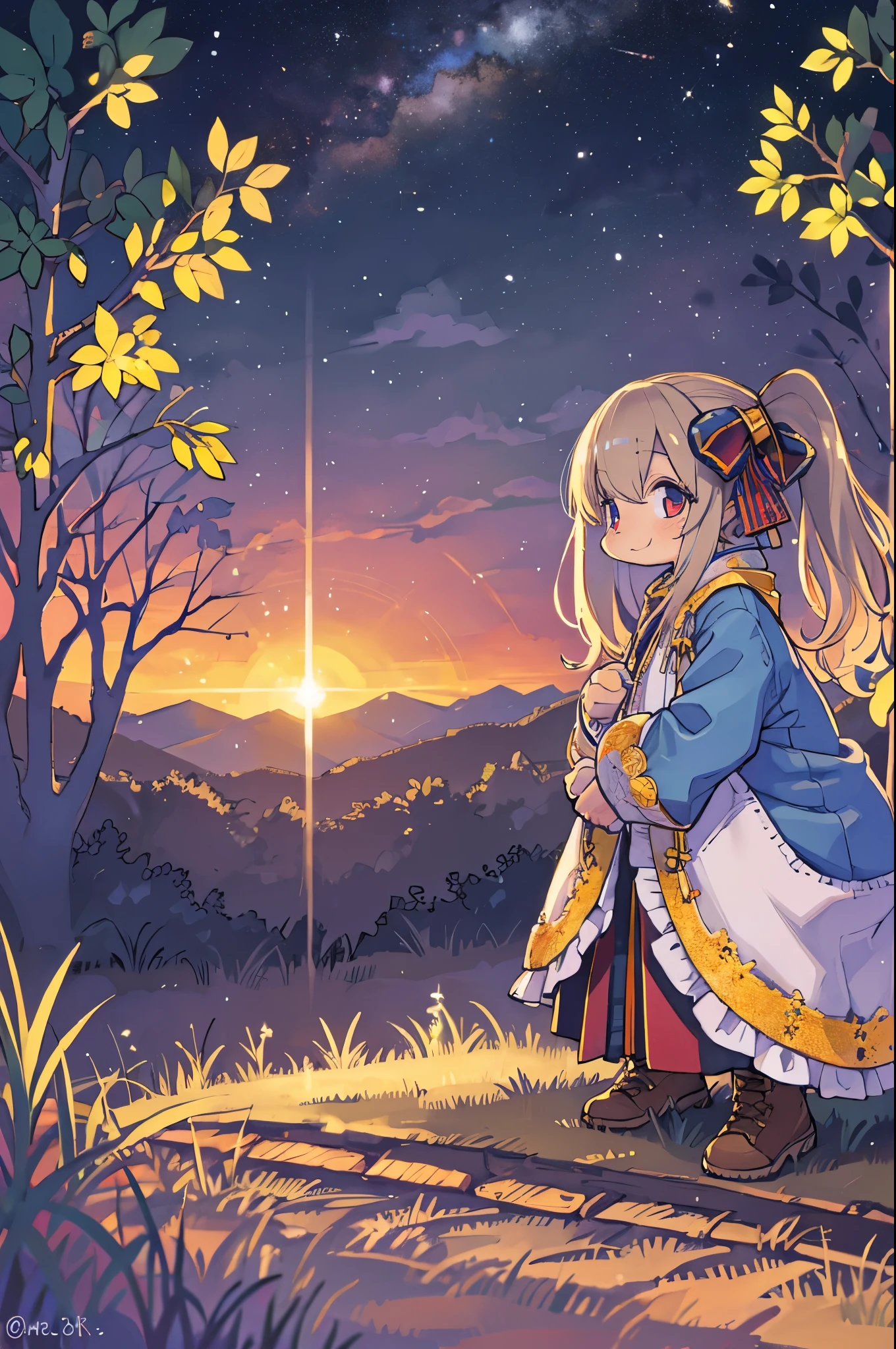 Tabletop, Highest quality, 1 person, alone, effect, Dark Background, With a happy face,Little、camp、Before the bonfire、Under the stars