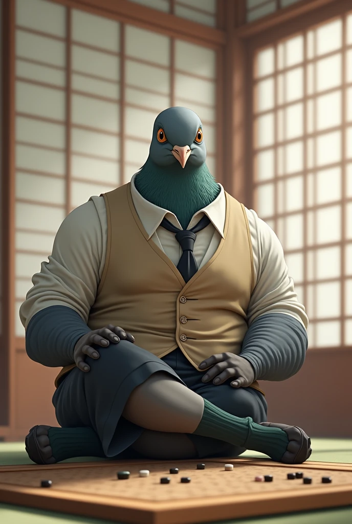 A gray female pigeon wearing an off-white collared short-sleeved shirt, a light brown vest, a knee-length black skirt, dark green socks and black shoes.、Sitting upright in a Japanese-style room, playing Go、A muscular grey female pigeon that looks like a bodybuilder
