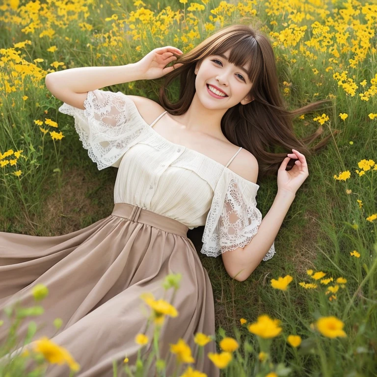 Long skirt,In a wild flower field，Wear a dress，rotate，1 female, On the face, laughing out loud, Light brown hair, Blunt bangs, Hair behind the ear, Shoulder-length hair, Long Hair, Delicate lips, Beautiful Eyes, eyes are light brown,Have a look at this, (Actual:1.3), One person&#39;s perspective, 8k, Very detailed, high quality, 最high quality, High resolution, ，Large Breasts，Wearing H cup, 2,Off-the-shoulder tops，Lace top，Fluffy skirt