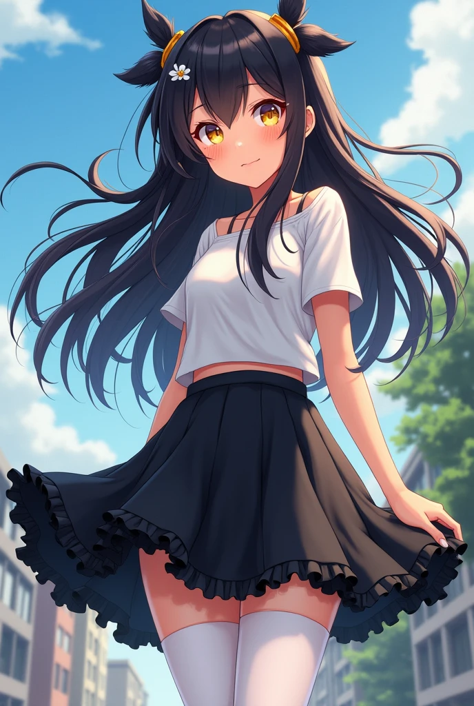 Anime girl, tan skin, yellow eyes, long black hair, white highlights, nerdy girl, gamer, full body, white leggings, frilly black skirt, hair accessories, wind blowing skirt up