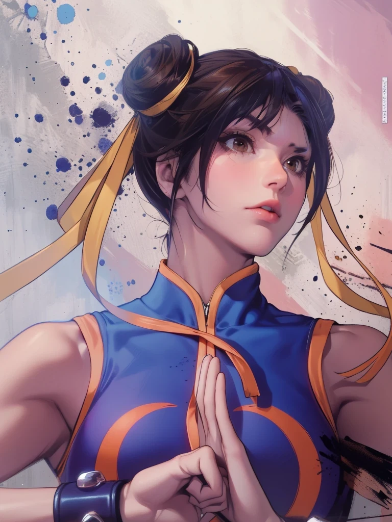 Art image of Chun-Li from the Street Fighter Alpha game, powerful, determined, wearing her original outfit with a sleeveless blue qipao and yellow sash at the waist, spiked bracelets on her wrists, white stockings and brown slippers, hair tied in buns with white ribbons, focused expression, by Akiman, Bengus, Ikeno, extreme focus, sharp details, elegant and imposing look, slightly glossy skin, in a dynamic combat pose, full body